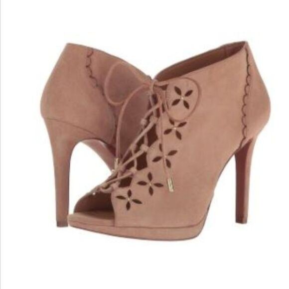 NEW Michael Kors Peep Toe Bootie Women 10 Beige Suede Designer Chic Contemporary - Picture 2 of 8